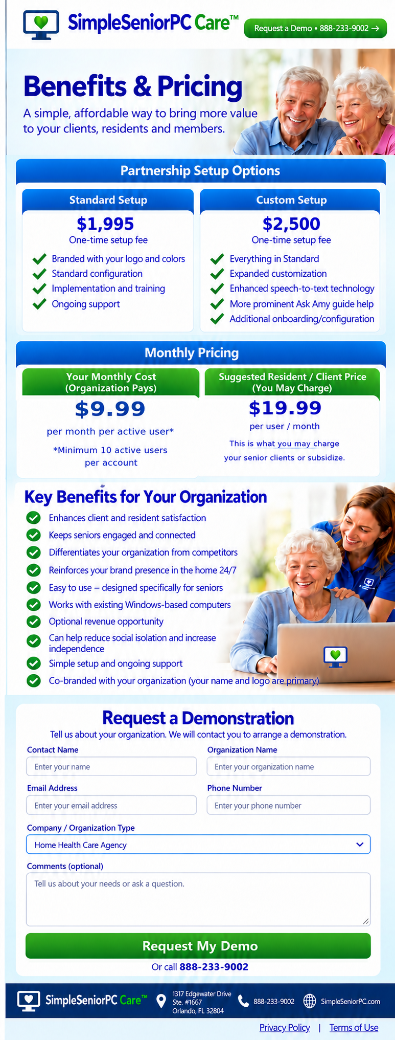 Locked Benefits & Pricing design: Standard $1,995; Custom $2,500; $9.99 per active user per month, minimum 10 active users; suggested resident price $19.99 per month.